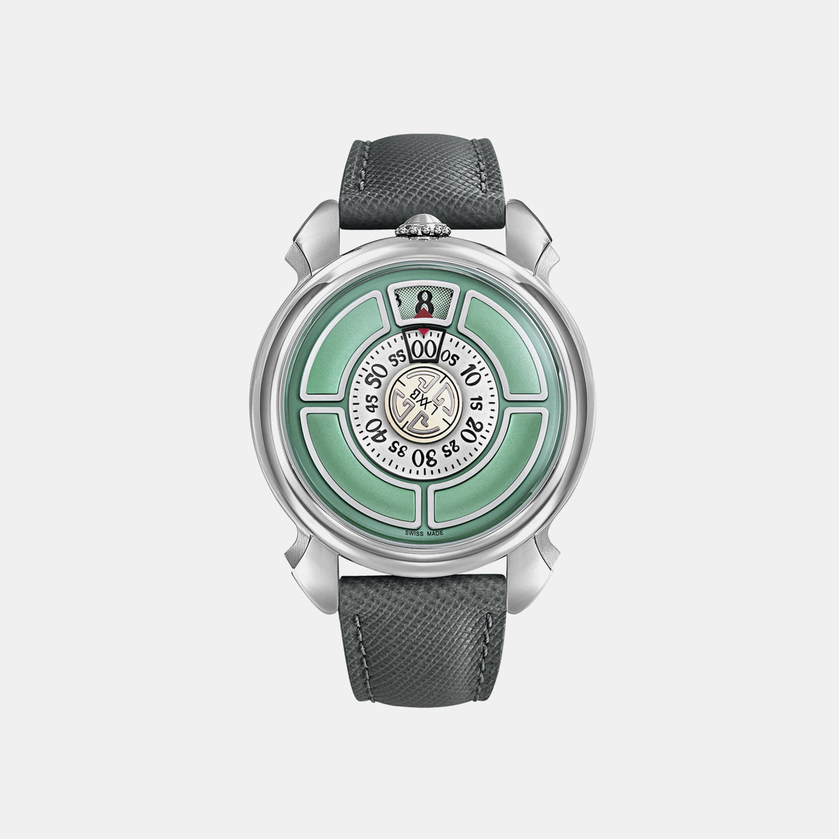 Gagà Laboratorio Labormatic Cinquanta with pastel green dial, digital hour and crown at 12 o’clock, grey strap, front view