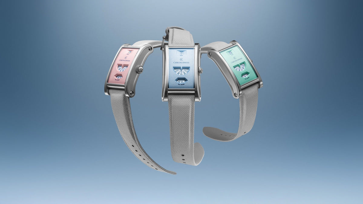 Chronoswiss Neo Digiteur Rose, Sky and Mint together on grey textile straps