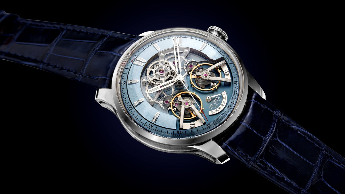 Czapek Place Vendôme Complicité Glacier Blue, close three-quarter view of the twin balance wheels and open-worked dial