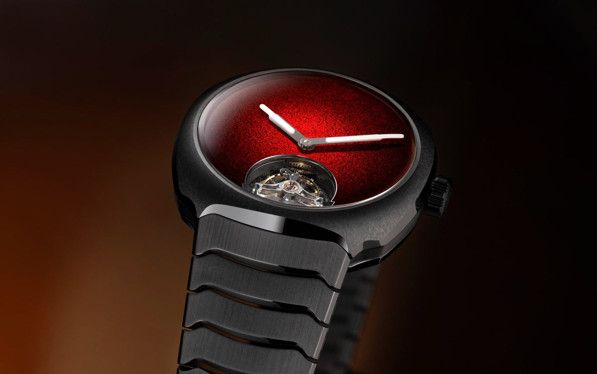 H. Moser & Cie. Streamliner Tourbillon Concept Ceramic, angled close view of the Red fumé enamel dial and flying tourbillon