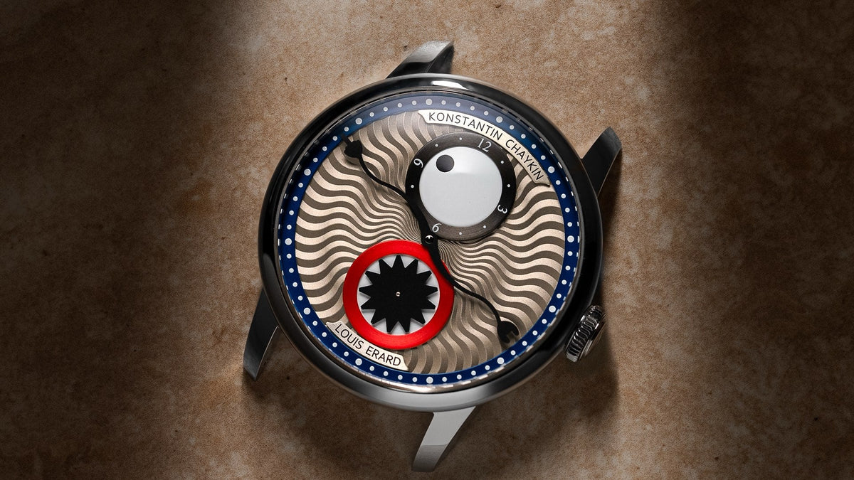 Louis Erard x Konstantin Chaykin Régulateur III in blue, top view on a stone surface
