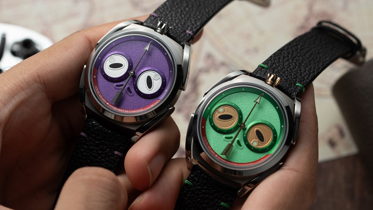 Louis Erard x Konstantin Chaykin Unfrogettable in Green and Purple, both watches held over a map