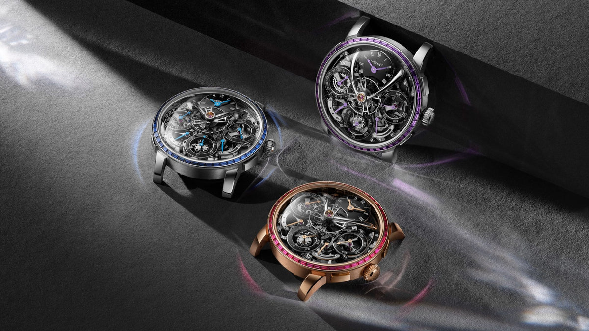 MB&F LM Perpetual Chromatic Editions with blue sapphire, purple sapphire and red ruby bezels, on dark stone