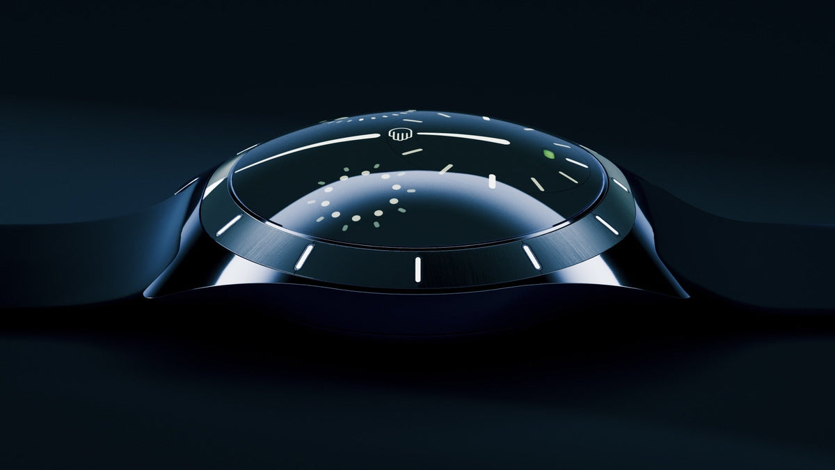 Ressence TYPE 10 DN seen from the side, its domed crystal and luminous indications against a dark background