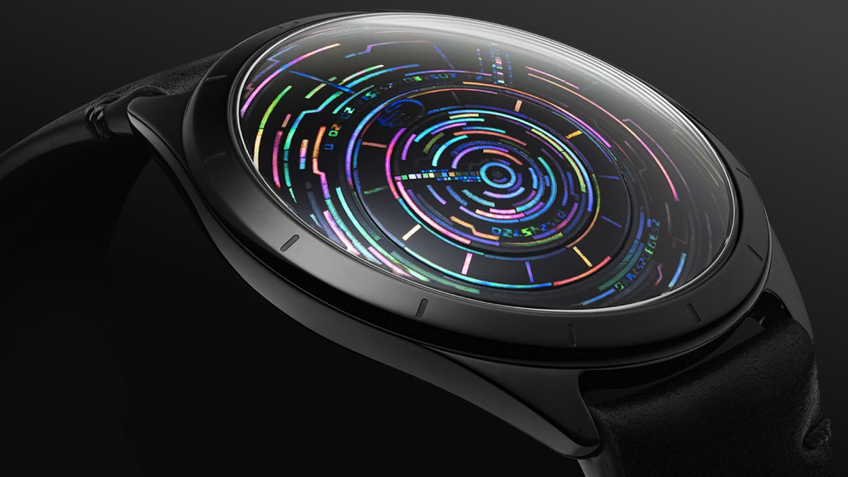 Ressence TYPE 9 IKE with black urushi and mother-of-pearl dial and black leather strap, angled view