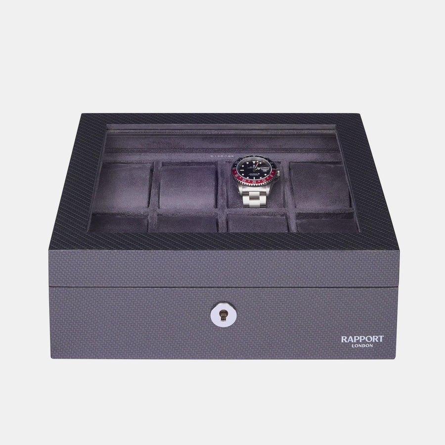 Rapport London Optic carbon fibre 8 watch box Dark grey Interior