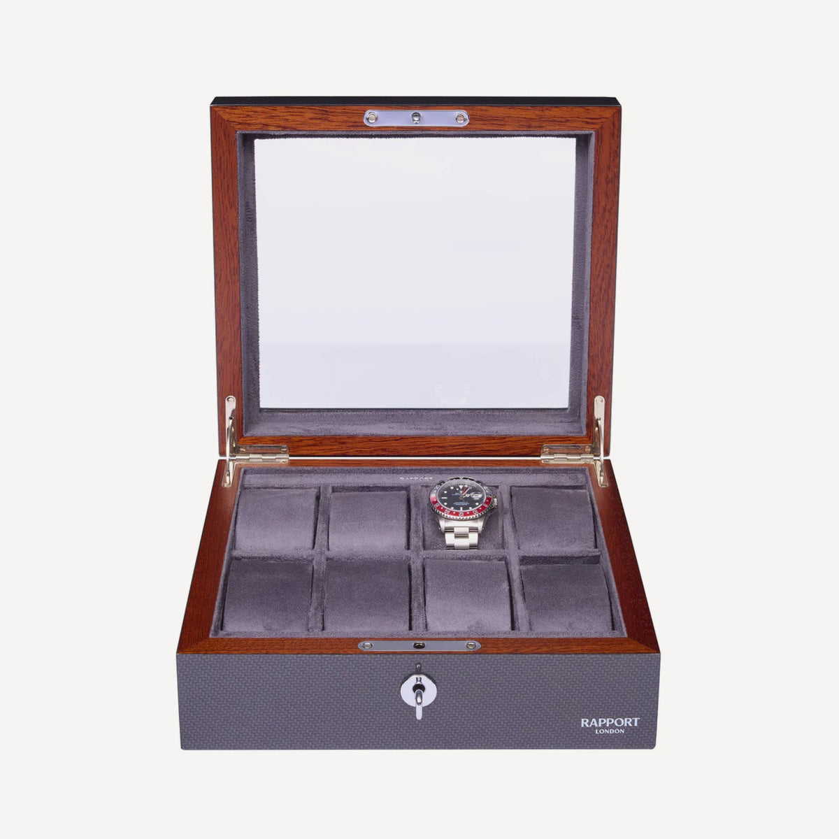 Rapport London Optic carbon fibre 8 watch box Dark grey Interior