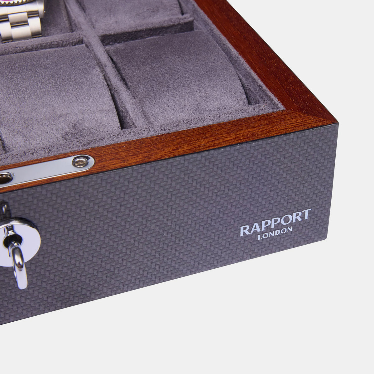 Rapport London Optic carbon fibre 8 watch box Dark grey Interior